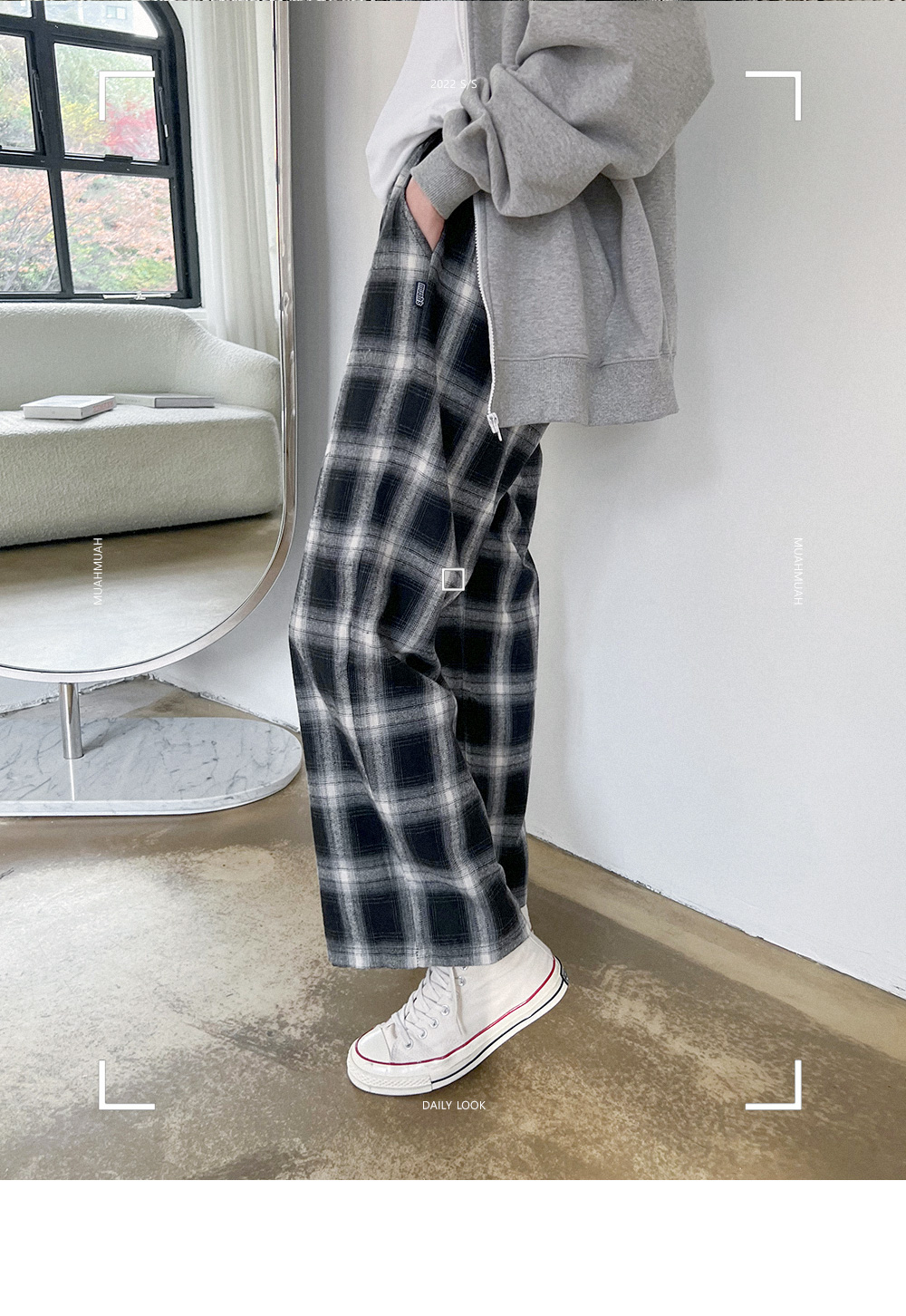 MUAH MUAH) CHECK WIDE BANDING PANTS