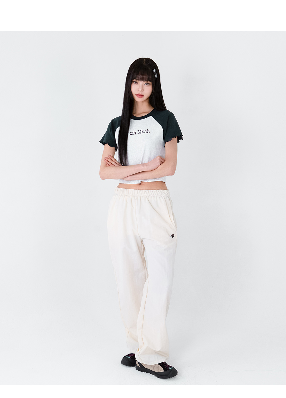 ●muahmuah● Stitch Cooling Wide Banding Pants Khaki MUP2580 預訂｜MUAHMUAH STITCH COOLING WIDE BANDING PANTS